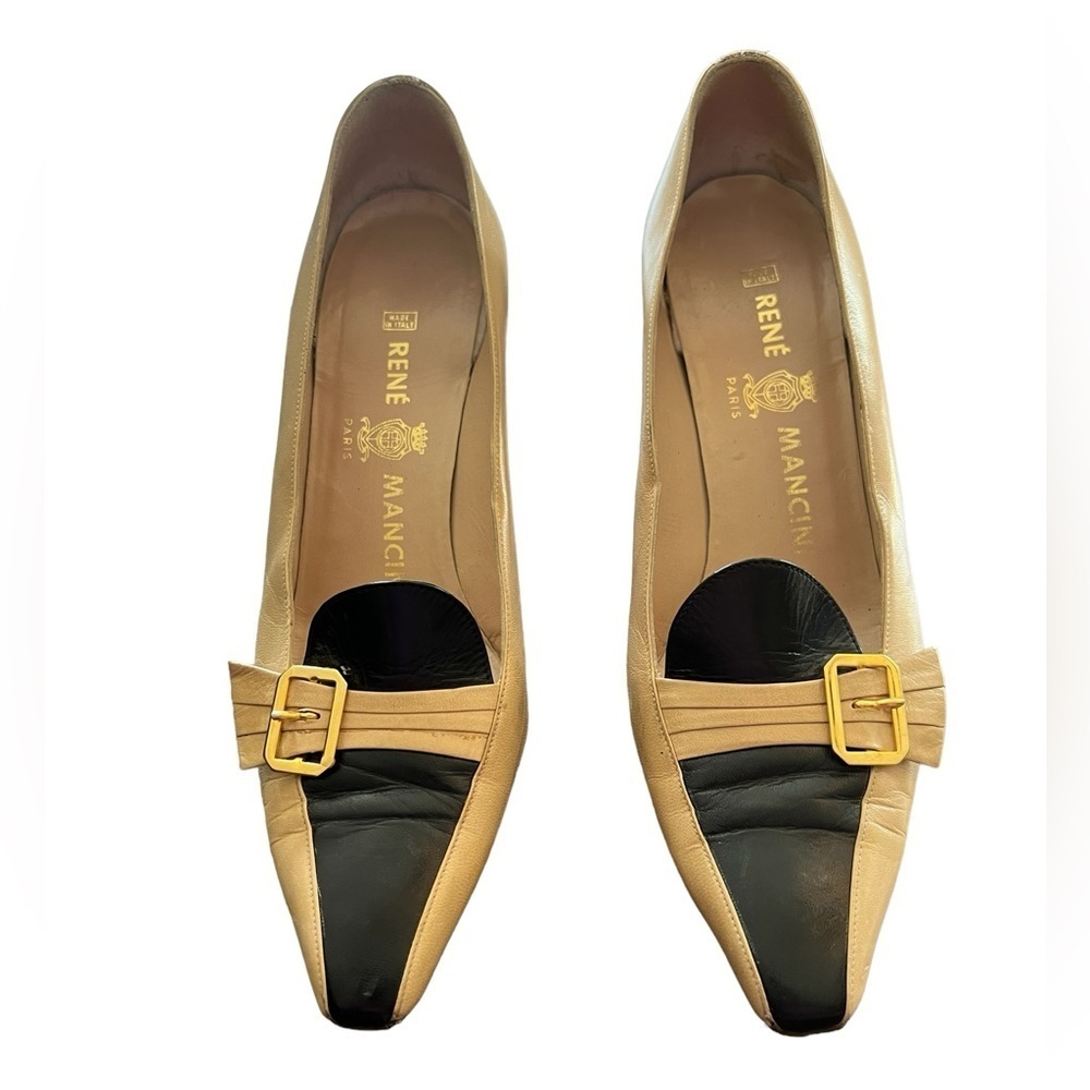 RENE MANCINI Black and Cream Leather with Gold Accent Vintage Heels Size 7.5​​​​